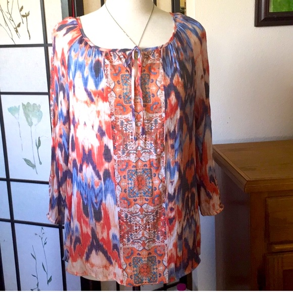 WOMENS AZTEC PRINT PEASANT BLOUSE TUNIC TOP - Picture 1 of 4